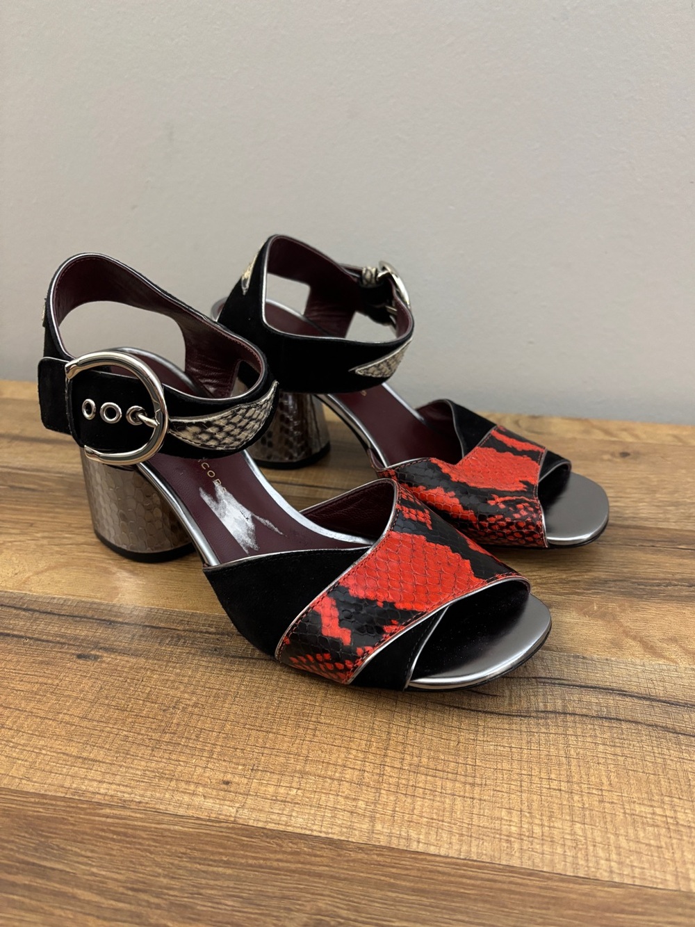 Marc by Marc Jacobs Leather Snake Print Block Heels Red Black